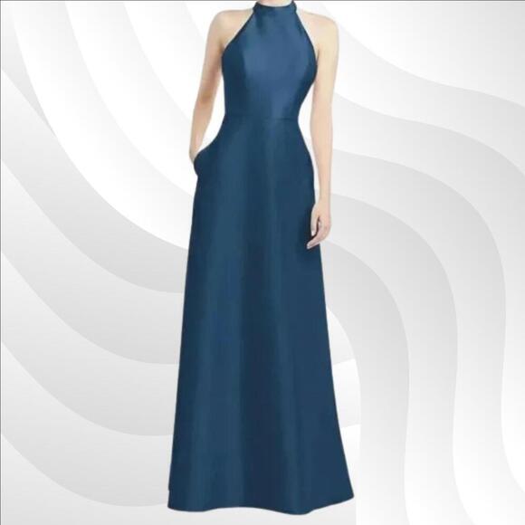 2/$50 Alfred Sung Dusk Blue Satin Twill Halter Dress D772 Size 4 | Elegant - Picture 1 of 9